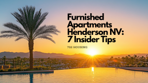 Sunset over a resort-style pool with the Henderson, NV skyline in the background, highlighting the relaxed lifestyle of furnished apartments in Henderson NV.