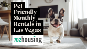 Cute pug running toward the camera in a stylish, fully furnished living room next to blog title “Pet Friendly Monthly Rentals Las Vegas”